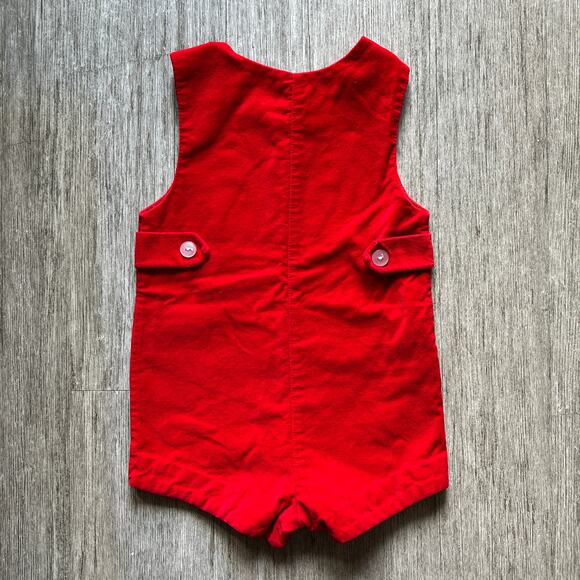 Vintage Red 100% Cotton Velvet Embroidered Bear Train Romper Size 24 Months - Picture 6 of 9